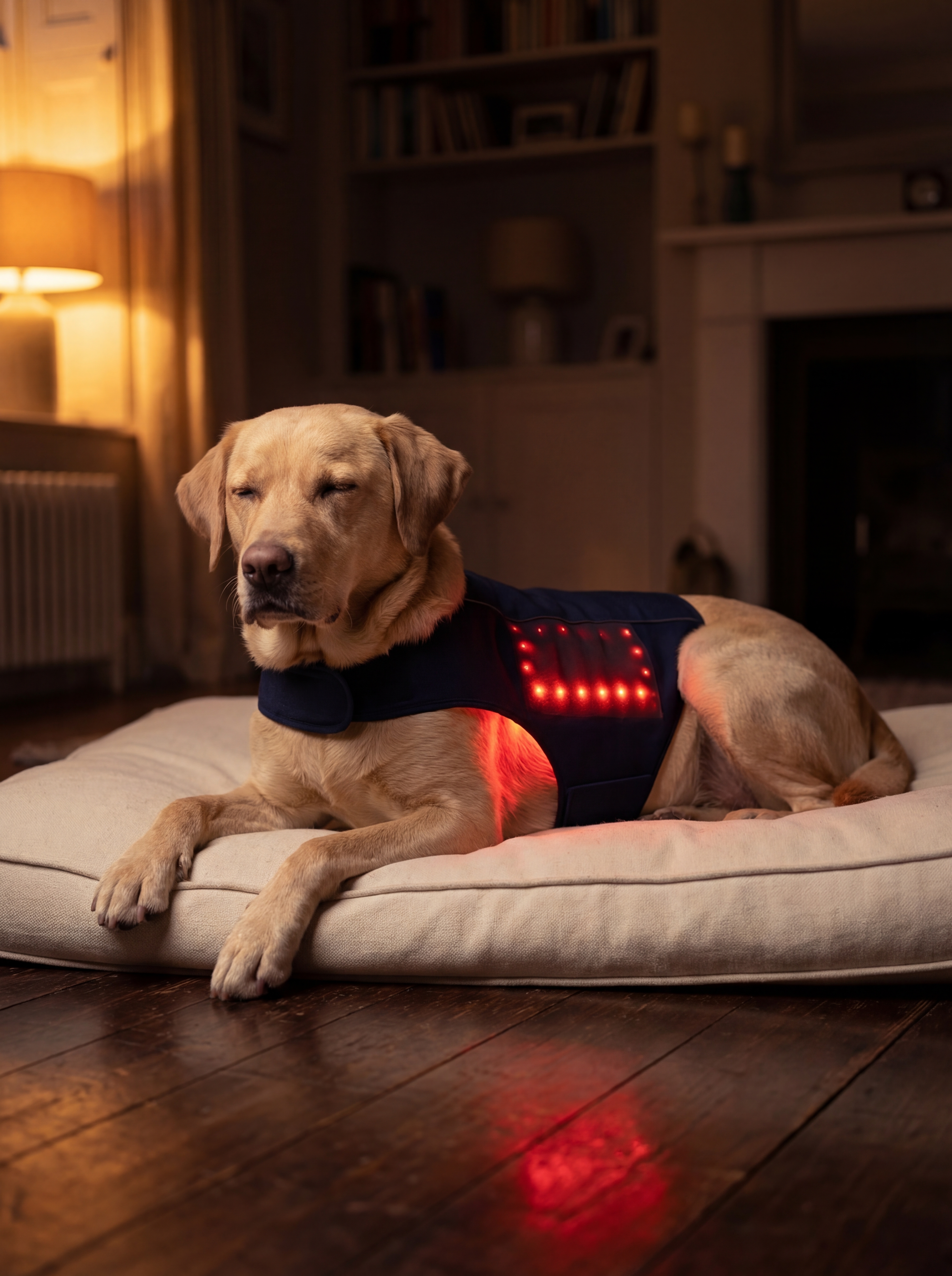 Golden Labrador wearing LumiCoat red light therapy vest with glowing LEDs